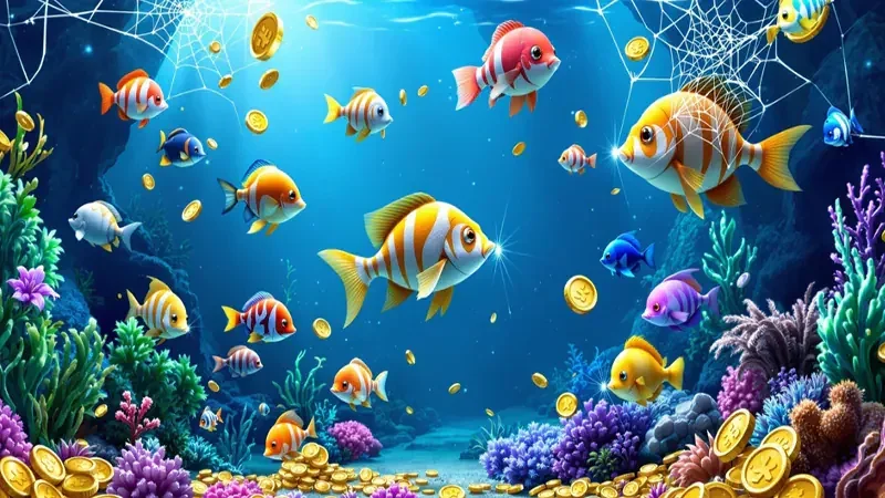 Tampilan mobile permainan tembak ikan dengan meriam dan target laut